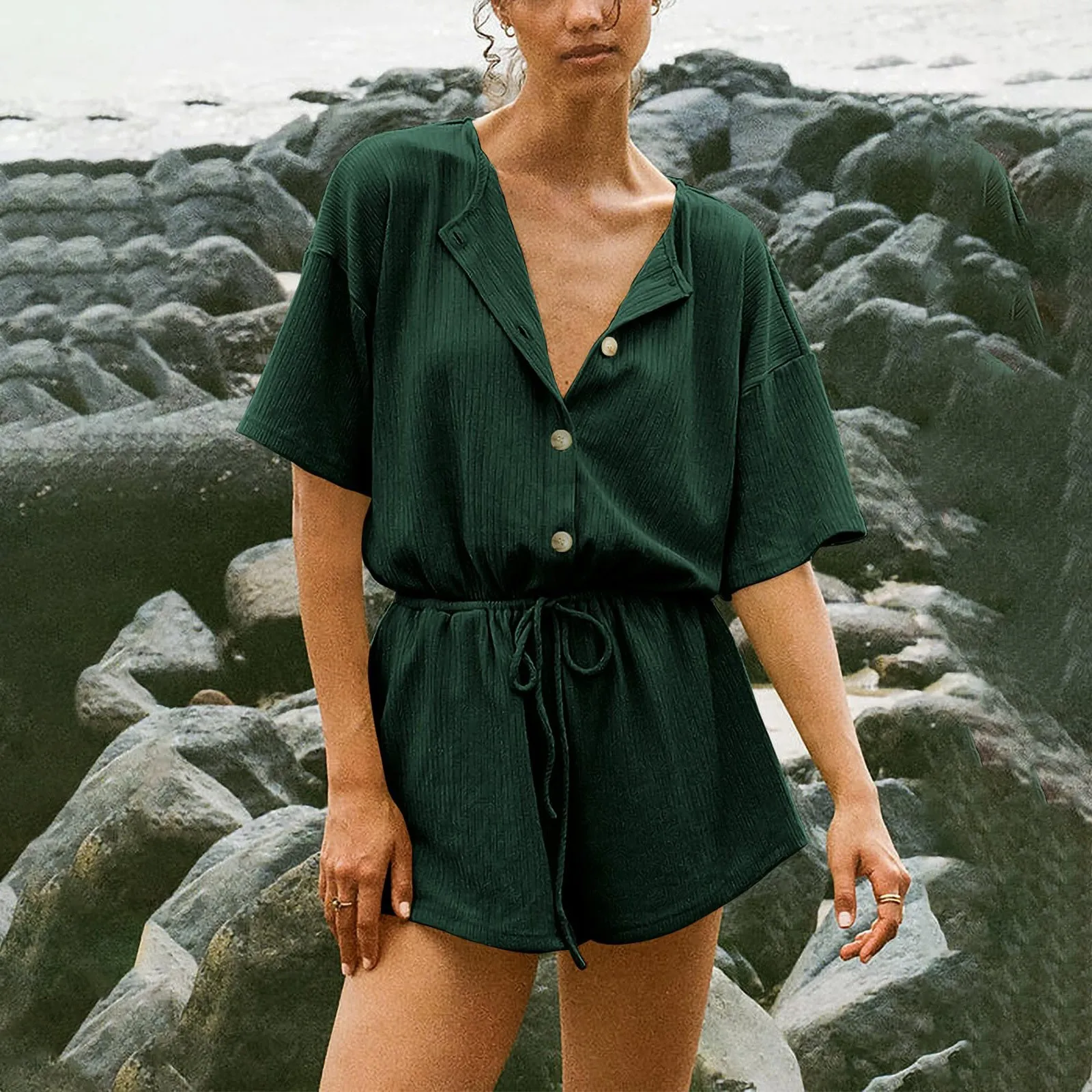 

Summer V-neck Short Sleeve Jumpsuit Solid For Woman Casual Shorts Jogger Pants Playsuit Overalls Bodysuits Rompers With Pockets