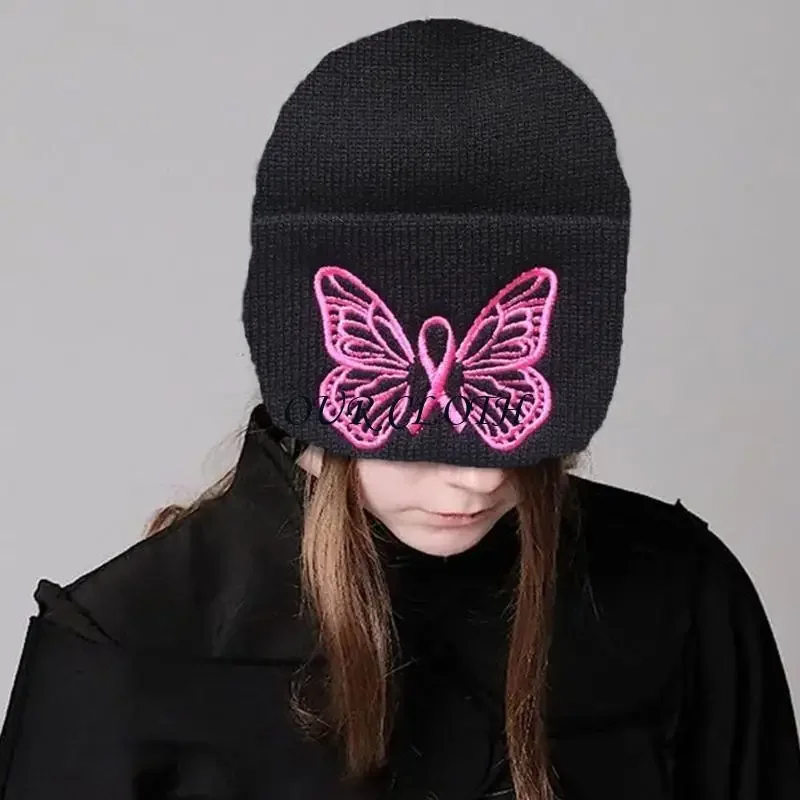 Knit Beanie with Embroidery Pattern for Students Adult Windproof Winter Hat Embroidery Butterfly Keep Warm Cycling Hat Y1AC