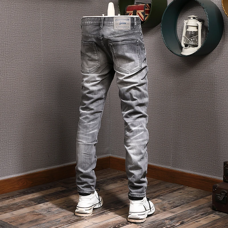 European Vintage Fashion Men Jeans High Quality Retro Gray Elastic Slim Fit Ripped Jeans Men Casual Designer Denim Pants Hombre