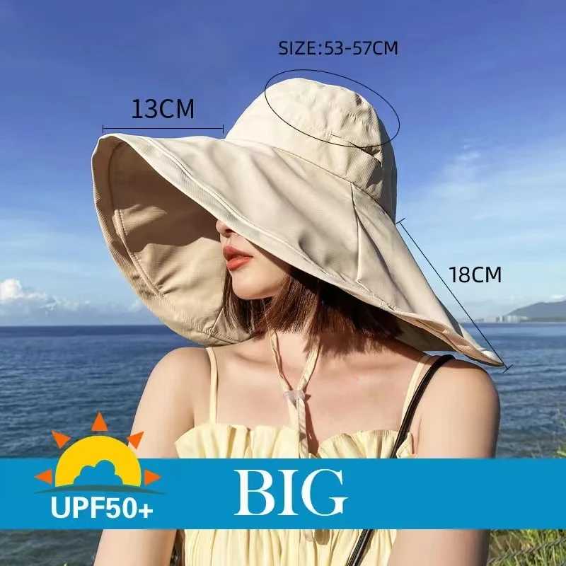 Fashion Women Sun Protection Beach Cap Spring Summer Sunscreen Hat Big Brim Bucket Hat Edge Anti-ultraviolet Uv Sun Hat UPF 50+