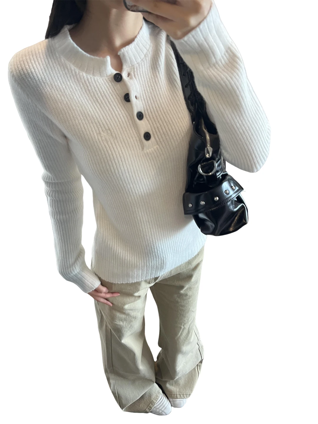 Suéter de Punto con Cuello Henry Estilo Americano para Mujer, Otoño Invierno, Ajustado, Versátil, Prenda Interior, Ropa Exter...