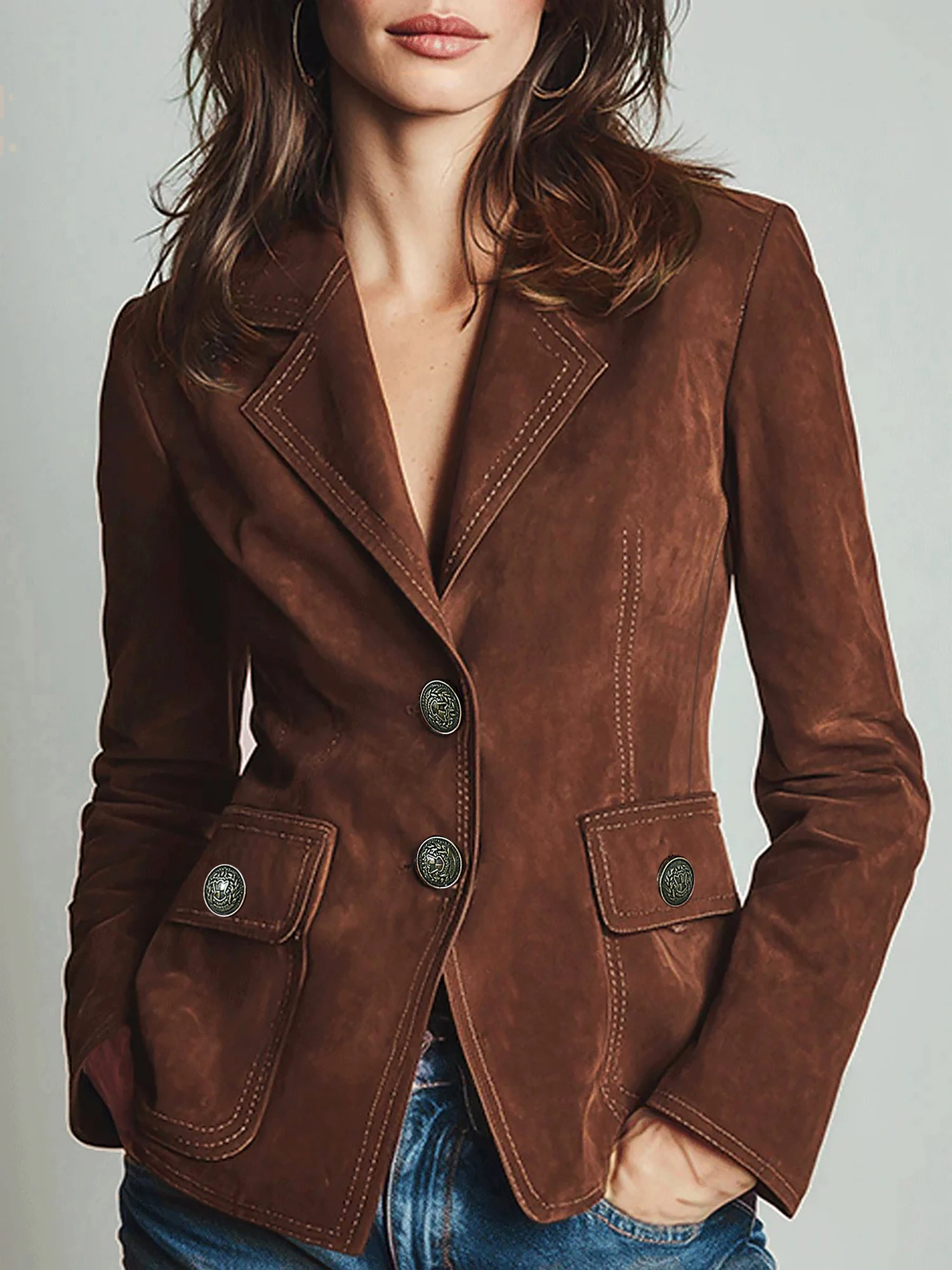 Women'S Elegant Brown Faux Suede Suit Jacket - Multi-Button Closure, Double Pockets with Flaps, Long Sleeve Blazer