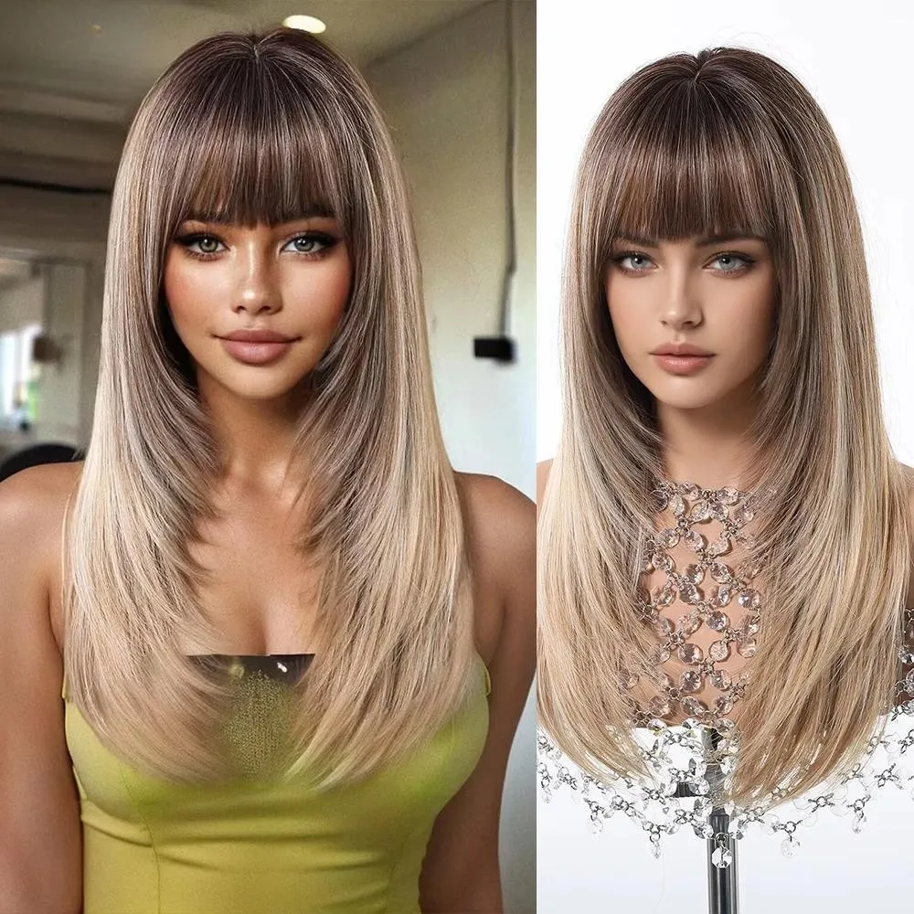 

Women Synthetic Wigs Long Brown Ombre Blonde Layered Hair Straight Wigs