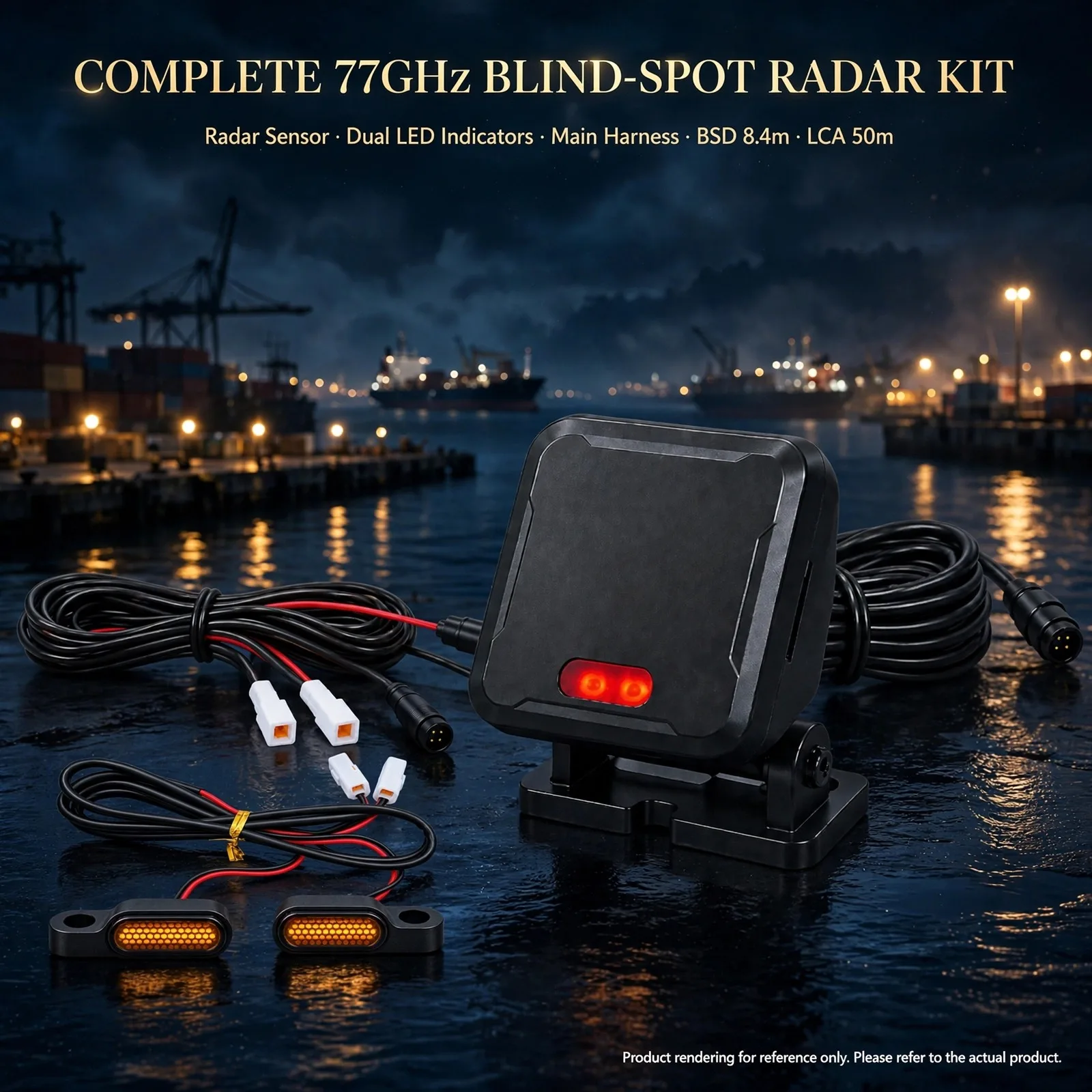 TCHBSD77G01 Midnight Harbor Edition: 77GHz Millimeter-Wave Rear Radar for Motorcycles, Blind Spot + Lane Change Alerts, up to 70