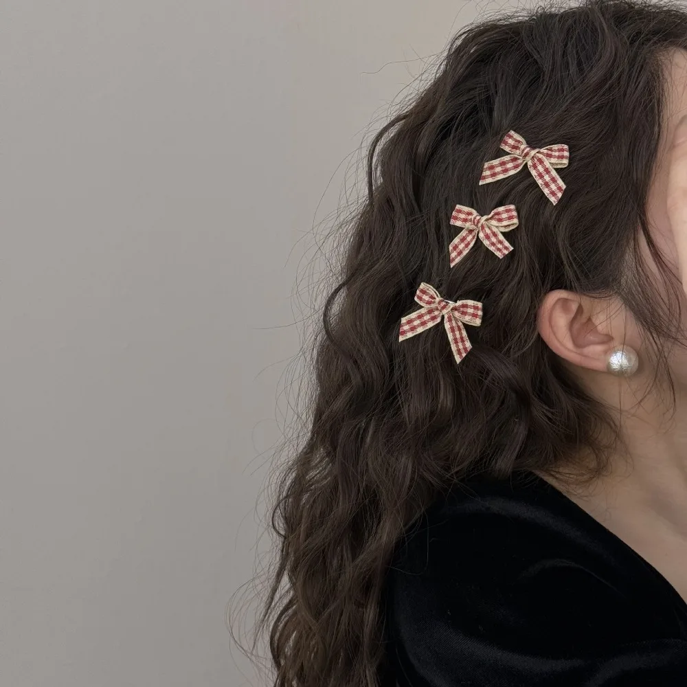 

10pcs Autumn Winter Vintage Red Checkered Bow Hair Clips for Girls Christmas New Year Red Bow Bangs Clips Sweet Hair Accessories