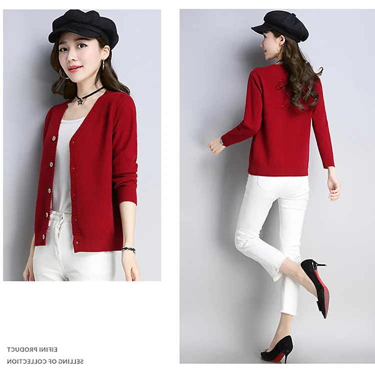 女性のピュアカラー Vネオープンカーディガン シングルボタンニットセーター 多用途韓国スレロングスベコットンブレンドコート