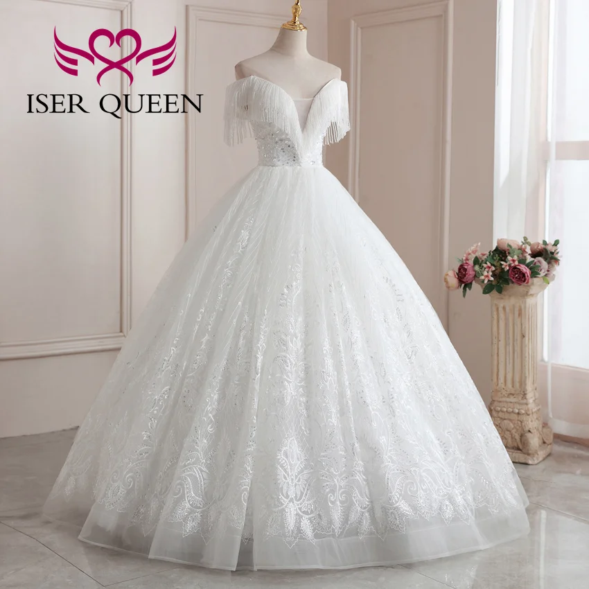 ที่กําหนดเองสีงาช้างเลื่อมประดับด้วยลูกปัดชุดบอลชุดแต่งงานเซ็กซี่ลึก V คอยุโรปแฟชั่นชุดเจ้าสาวสําหรับผู้หญิง WX0214