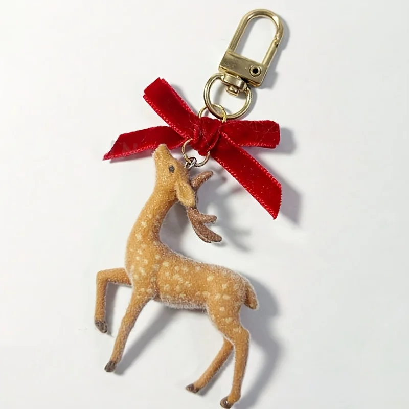10pcs Flocked Deer Pendant DIY Accessories, Flocking Animal Flower Beaded Keychain, Unique Niche Bag Chain Charm, DIY Keychain