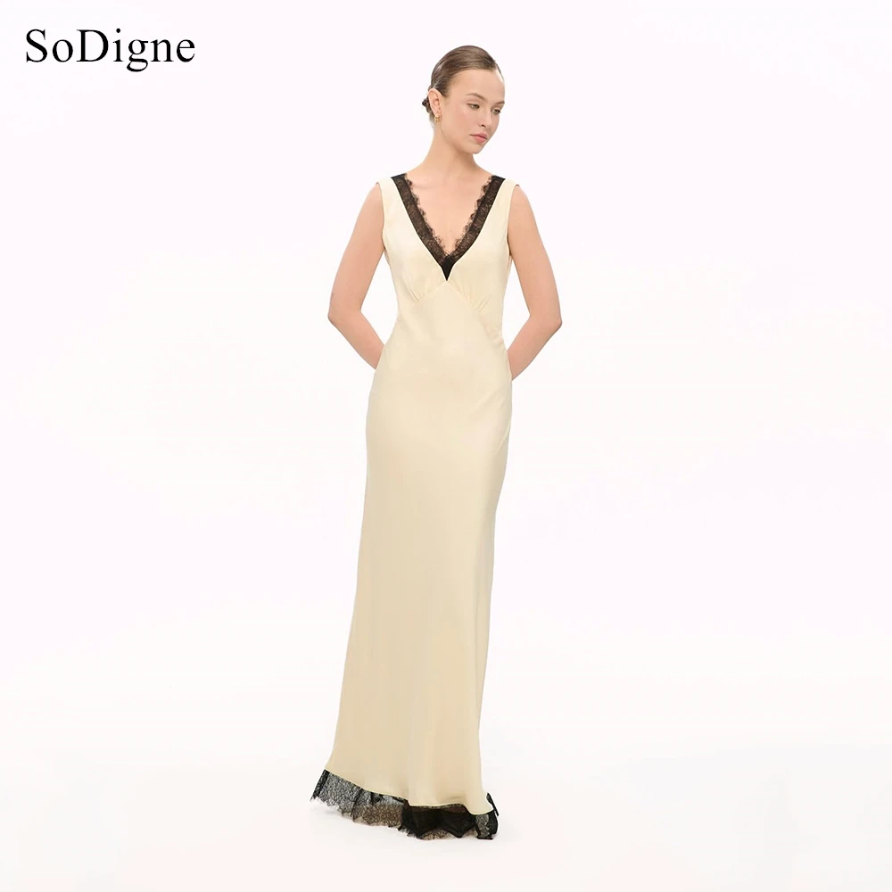 

SoDigne Elegant Satin Evening Dresses Lace V-Neck Sleeveless Party Dress Sexy Backless Straight Prom Gowns Customized