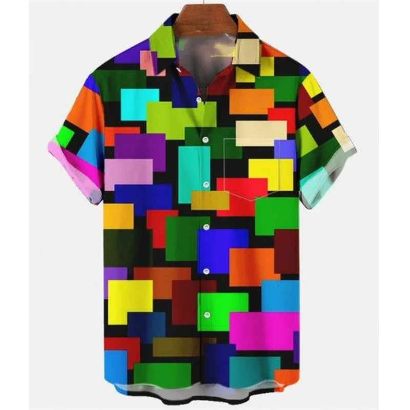 Cool Hawaiian Rainbow Colorful Plaid Shirt For Man Oversized 3d Fashion Causal Short Sleeve Simple Button Beach Clothing Summer