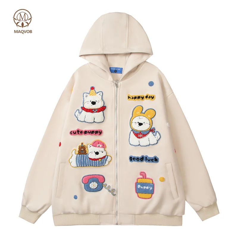 MAQVOB Spring American Retro Cute Puppy Embroidered Suede Hooded Jacket For Men And Women, Loose Casual Versatile Coat