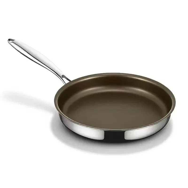 304 Stainless Steel Three-Layer Steel Flat Bottomed Frying Pan Titanium Pot Household Uncoated Non Stick Pot Gas Stove