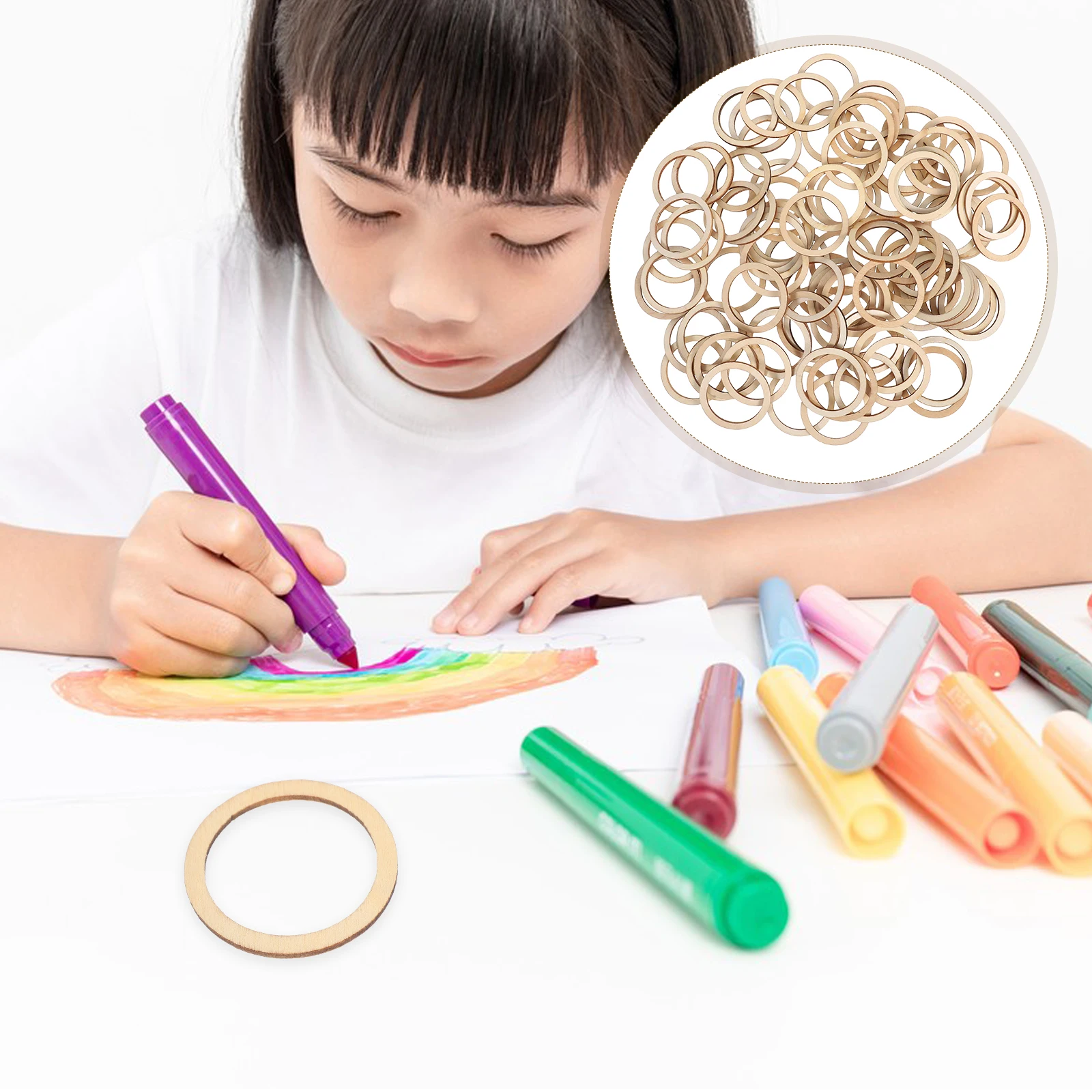 

100Pcs Round Wooden Pieces Natural Wood Color 5Cm DIY Craft Decor Scrapbooking Embellishments Hollow Circle Wood Chips Art