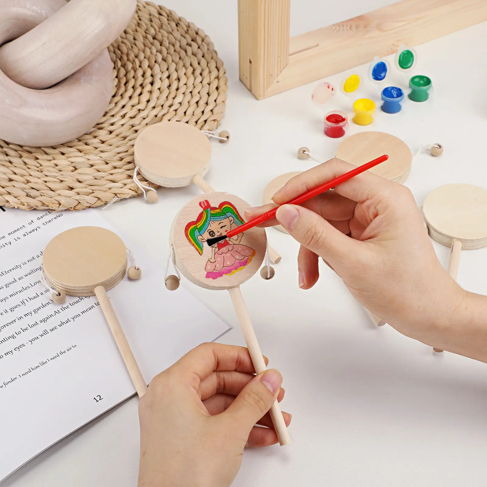 

1Set Wooden Rattle Drum Unfinished DIY Craft for Kids Hand Paintable Rattle Baby Educational Drum Painting Gift Set