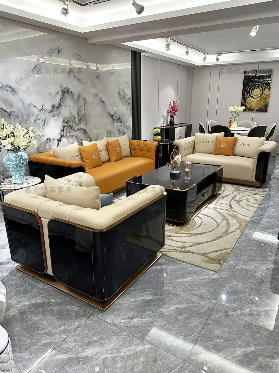 

Custom Italian light luxury leather sofa combination living room high-end luxury villa large family custom sofa