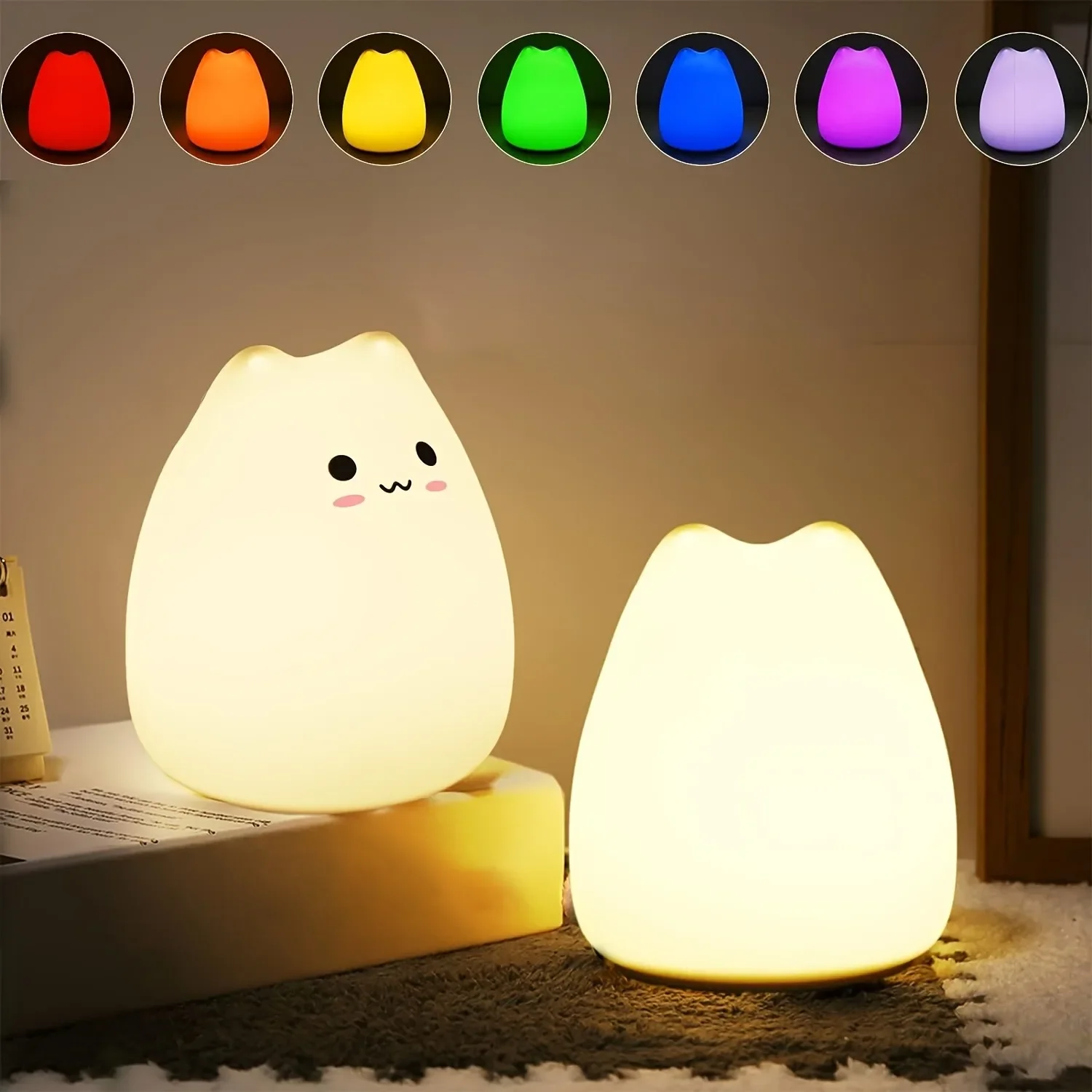 Lampu Malam LED Kucing, Lampu Silikon Berubah Warna Dapat Diredupkan, Lampu Suasana Hati USB untuk Kamar Anak Kamar Tidur