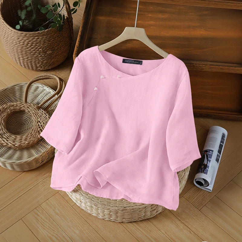 

ZANZEA Woman Summer Solid Color Lightweight Blouses O-Neck 3/4 Sleeves Cotton Linen Casual Tops 2026 Spring Vintage Blusas Mujer
