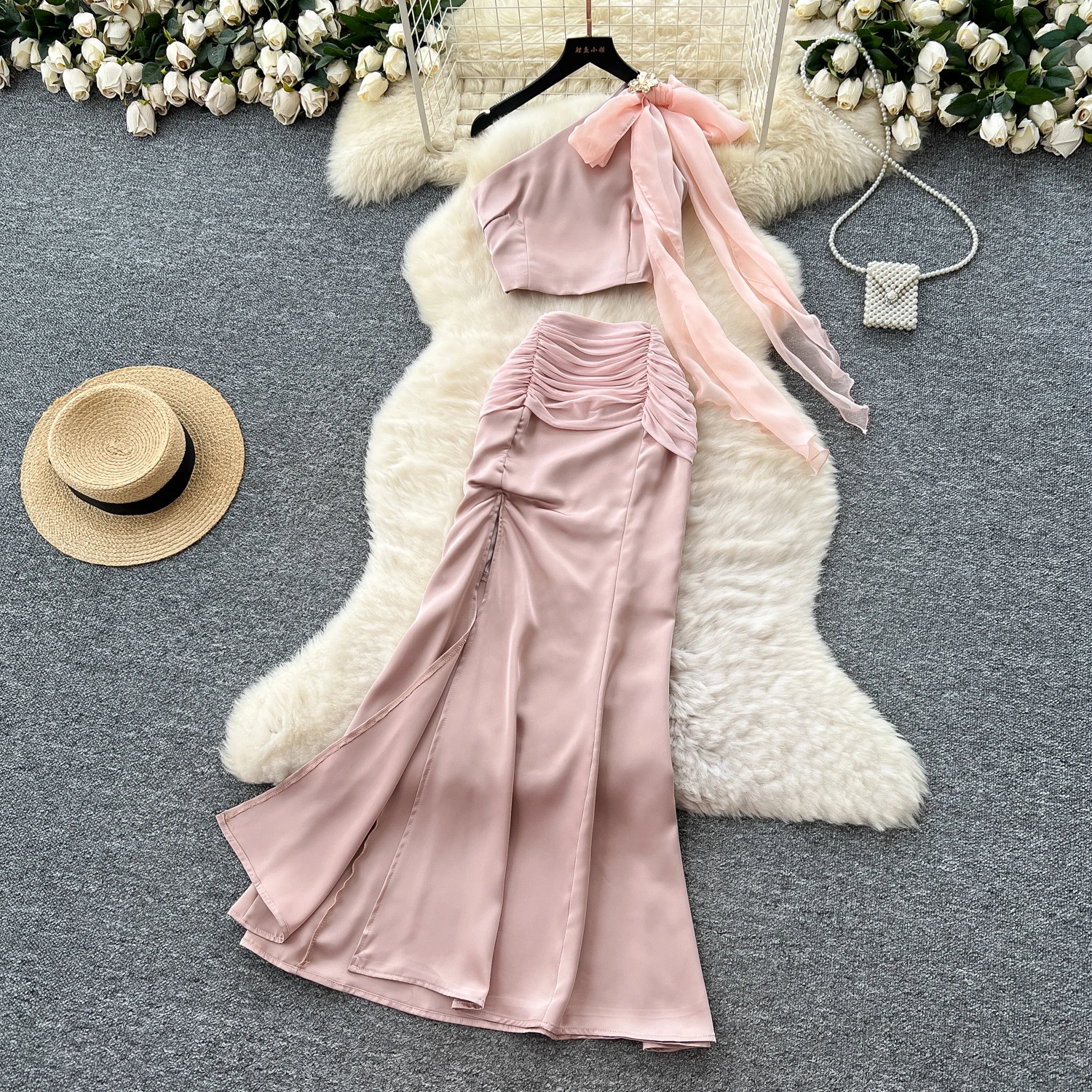 

Sexy off shoulder sleeveless Diagonal collar Vintage korean fashion Evening mermaid dress Beach dresses Two Piece Set