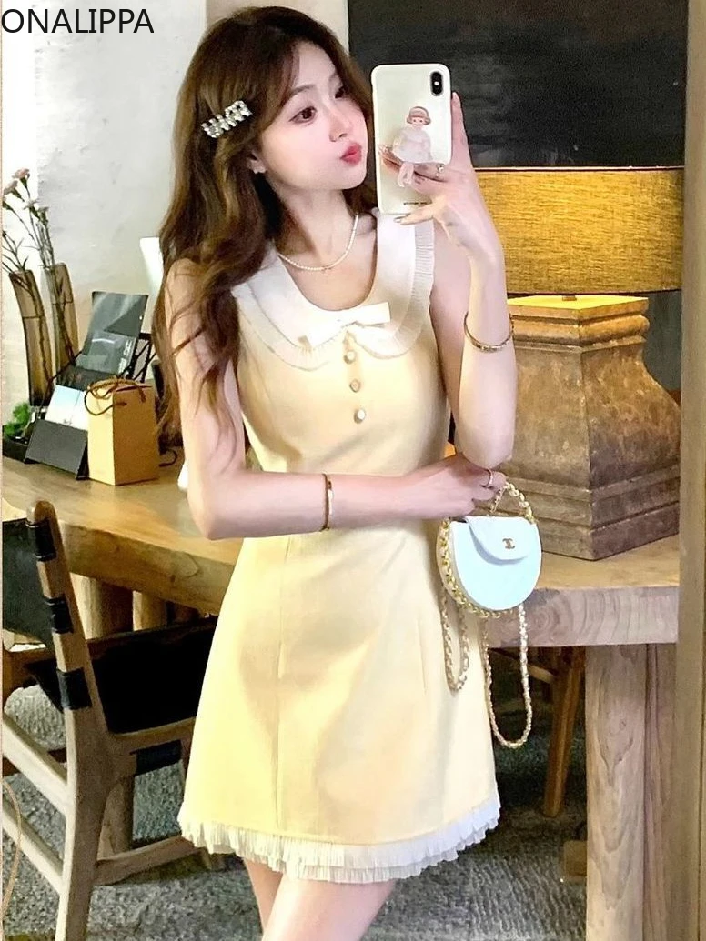 Onalippa Small Fragrance Dress for Women Peter Pan Collar Sleeveless Mini Dresses Korean Chic Design Mesh Wood Ear Hem Vestidos