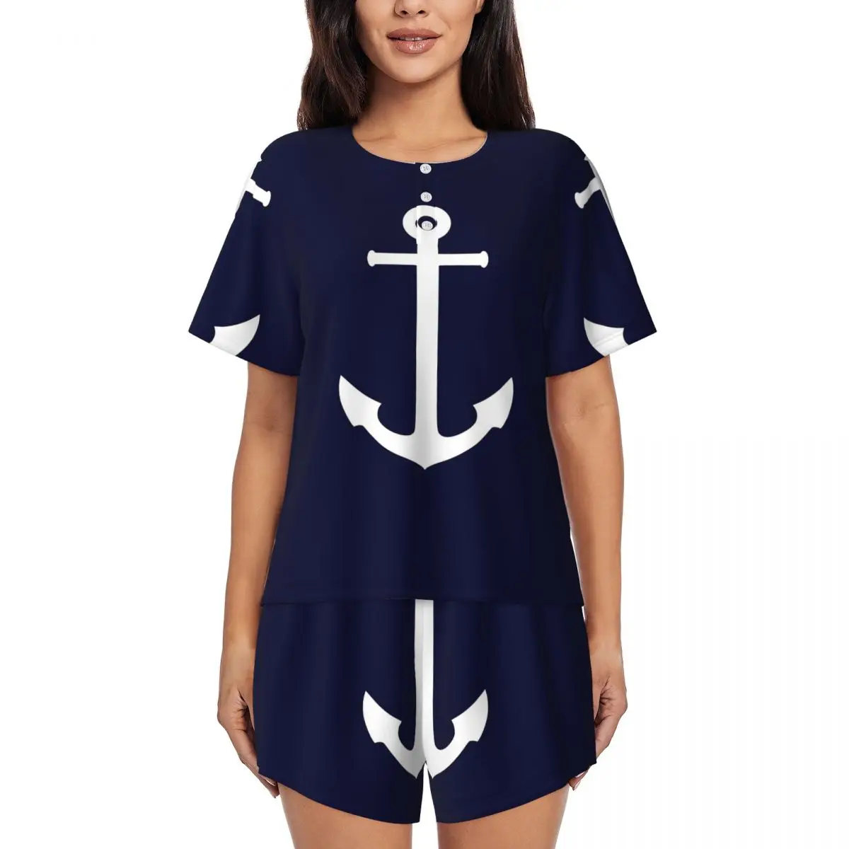 

White Anchor On Navy Blue Round Neck Short Sleeve Nightgowns for Sleeping Sleepshirts Women Loose Pajama Set Short Pants