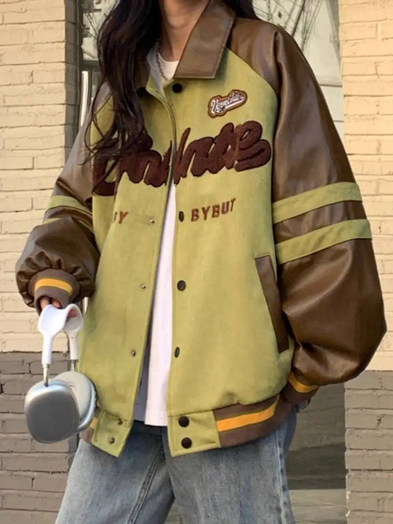 2025 New Spring Autumn Women's Jacket Suede Leather Patchwork Baseball Style Embroidered Design Outerwear