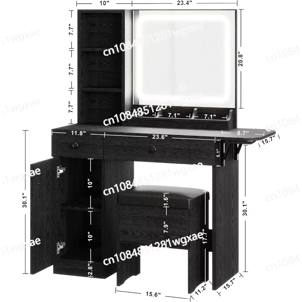 Vanity Desk with LED Lighted Mirror & Power Outlet, Makeup Table with Drawers & Cabinet,Storage Stool,for Bedroom, Black