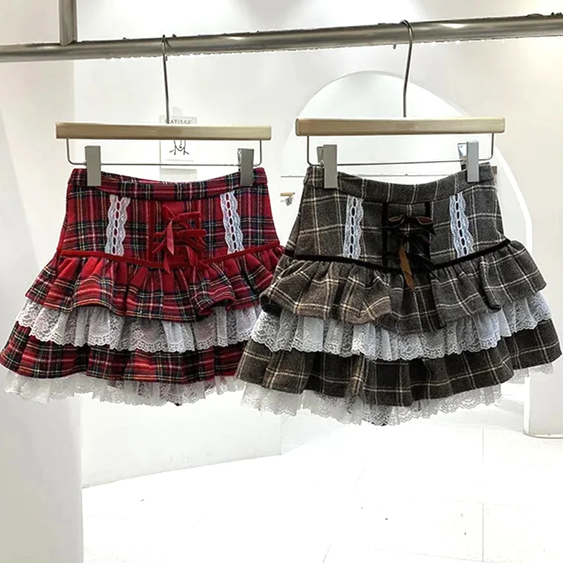 Lolita Style Patchwork Lace Plaid Print Pleated Skirt Vintage Sexy Skater Kawaii Harajuku Gothic Punk England Style Y2k Skirts