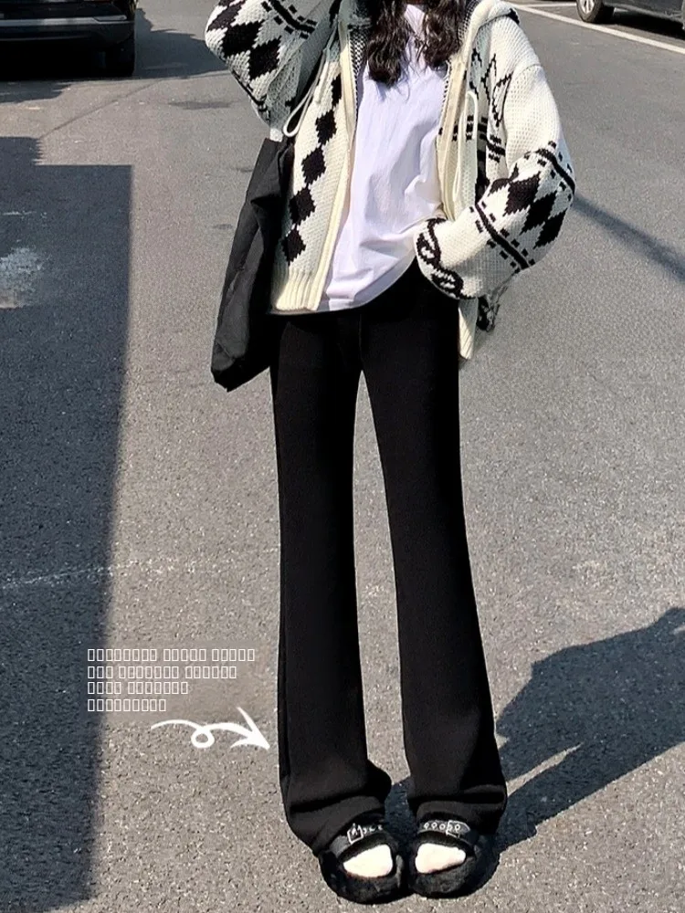 Damen Fleece-Gefütterte Strickhose mit Weitem Bein, Hoher Taille, Drapiert, Schlankmachend, für Frühling und Freizeit