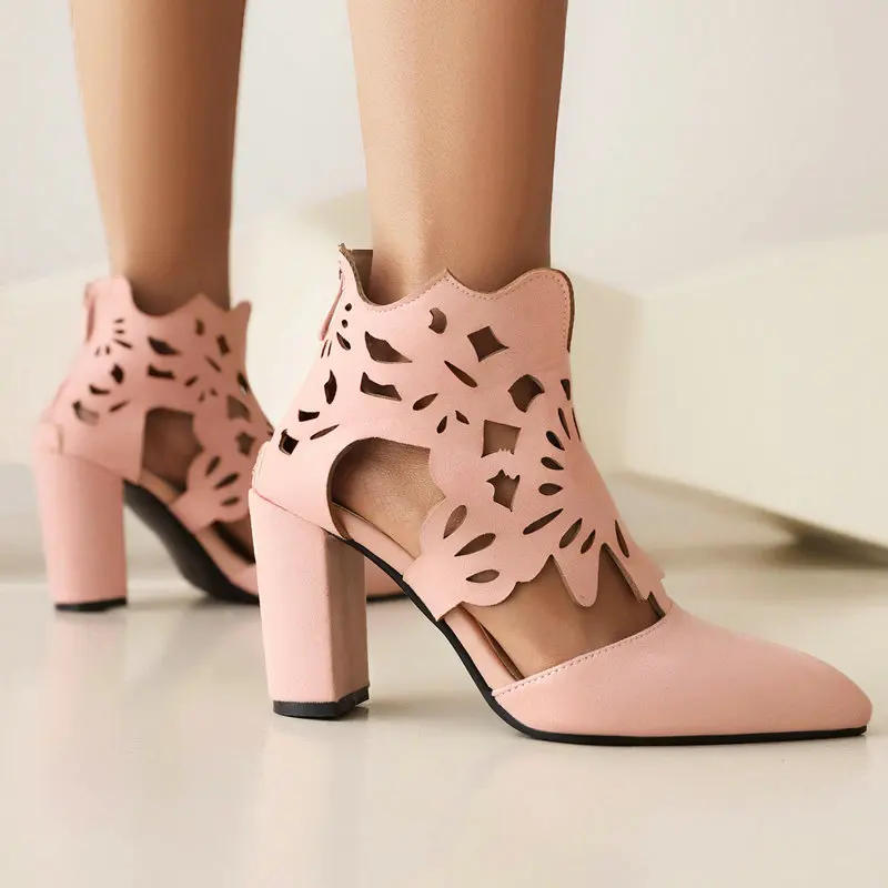 Pink Brown Flock Suede Hallow Laser Cut-out Mature Ladies Summer Spring Pumps Big Size 46 47 48 13 Pointed Toe High Heels Shoes