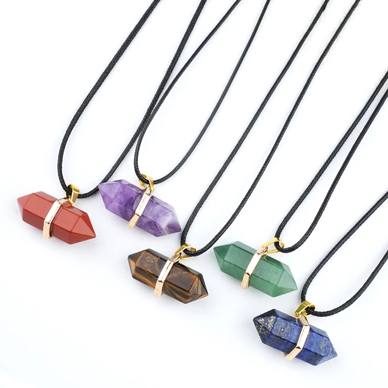 Natural Gemstone Double Terminated Hexagonal Crystal Necklace with 45CM Leather Cord Ready to Wear 13x36MM Pendant Jewelry