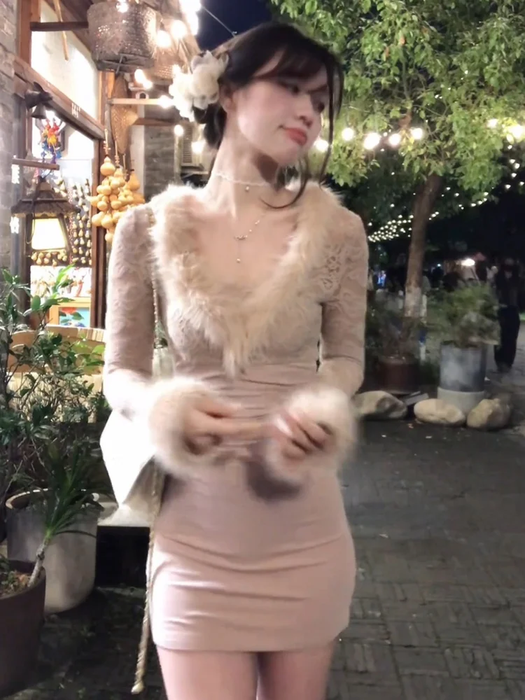 

Elegant Short Skirt Inner Wear Women's plus Size Faux Fur Collar Detachable Bodycon Dress Autumn Winter Pure Desire