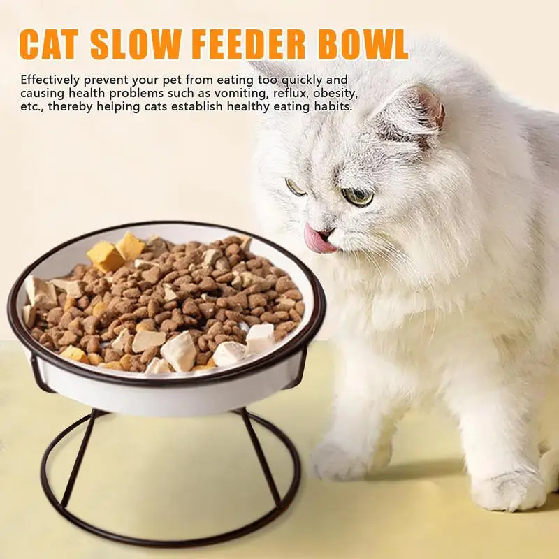 Slow Feeder Cat Bowl with Stand  Ceramic Slow Eating Cat Bowl Fish Pool Elevated Cat Food Bowl Anti-Vomiting Cat Puzzle Feeder