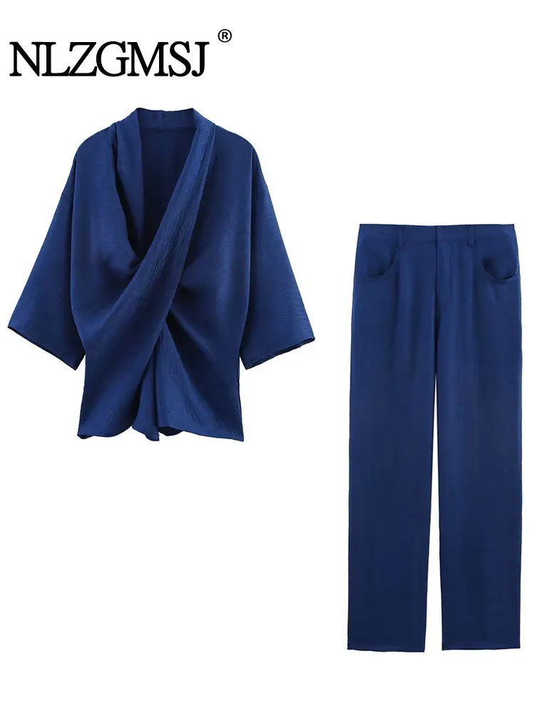 

NLZGMSJ 2025 женские комплекты однотонные свободные длинные брюки комплект модная свободная блузка с v-образным вырезом топы комплекты для женщин элегантный комплект из 2 предметов
