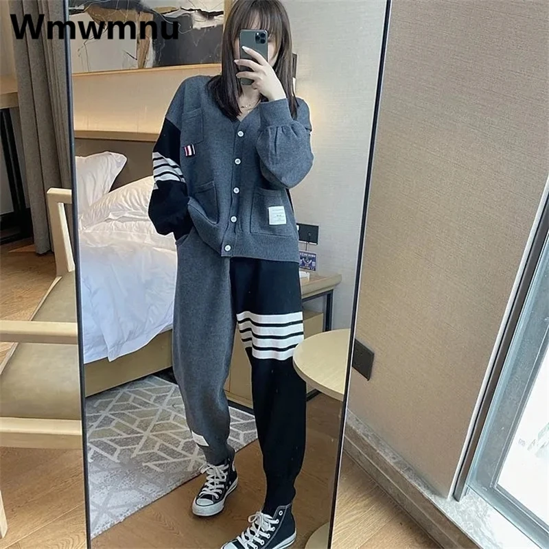 Vintage Women Chic Knitted Sweatpants 2 Piece Set Korean Fashion V-neck Jacket Conjuntos Casual Spring Jogger Pantalones Outfits