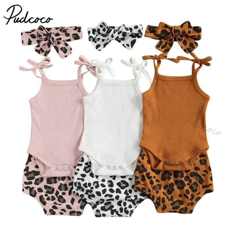 

Newborn Baby Girls 3 Piece Outfit Set - Tank Top Romper + Leopard Shorts + Headband