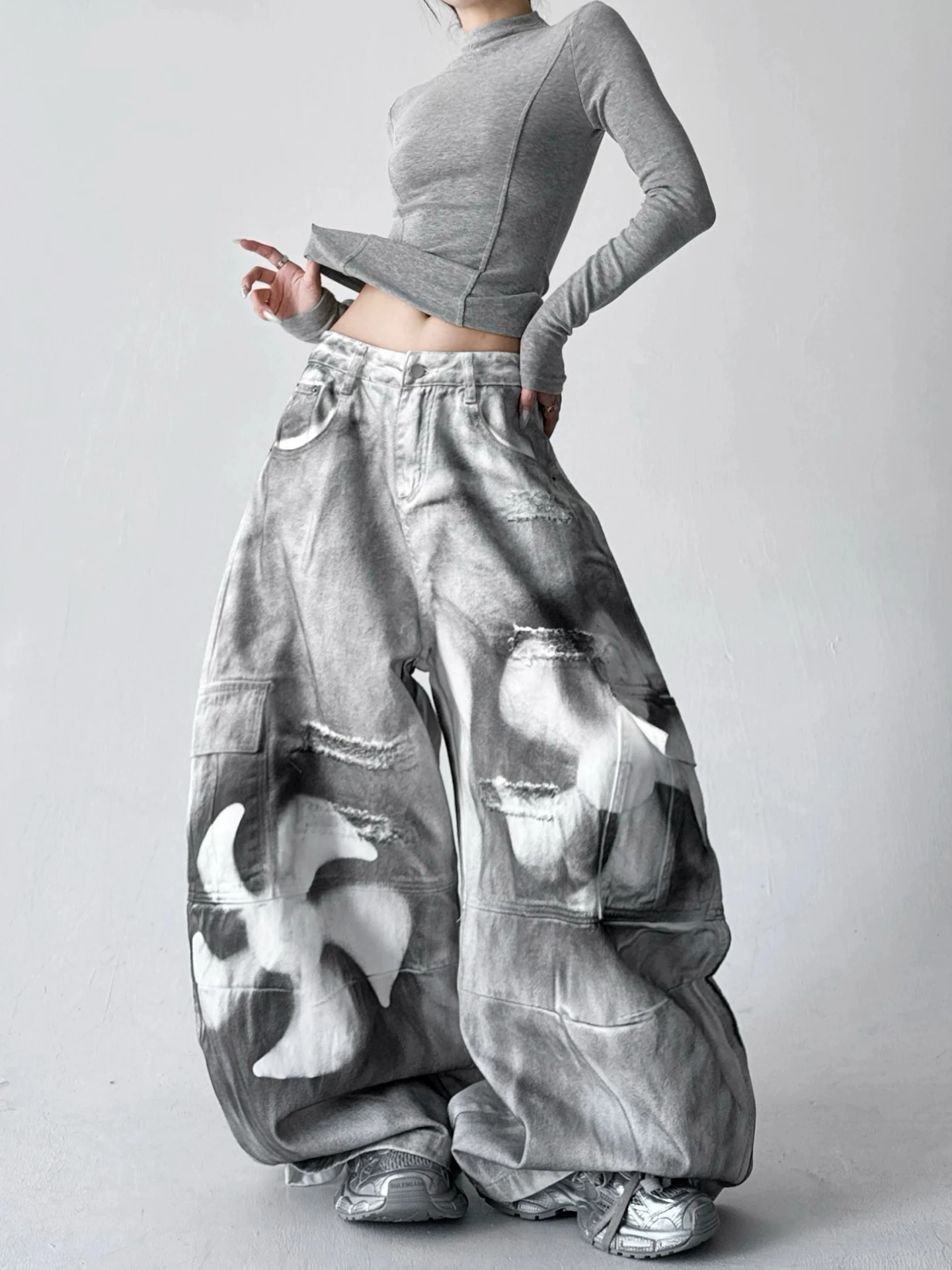 Spodnie damskie Y2K na zimę, casualowe, z nadrukiem farbą, luźne, wyszczuplające, z prostymi nogawkami, szerokie nogawki, uniwersalne jeansy, modne.