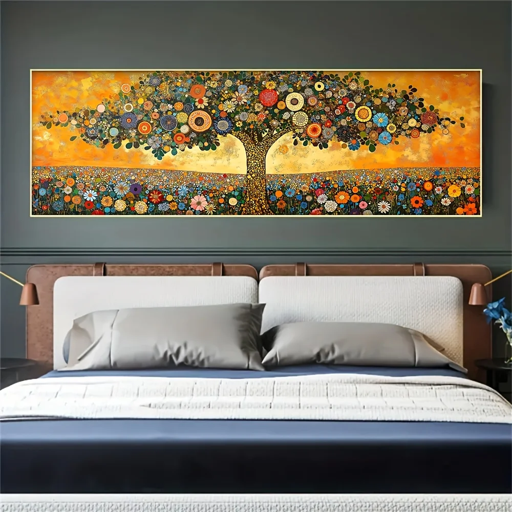 

Vibrant Tree of Life Canvas Art - Frameless Gustav Klimt Inspired Abstract Floral Landscape, Modern Wall Decor for Living Room