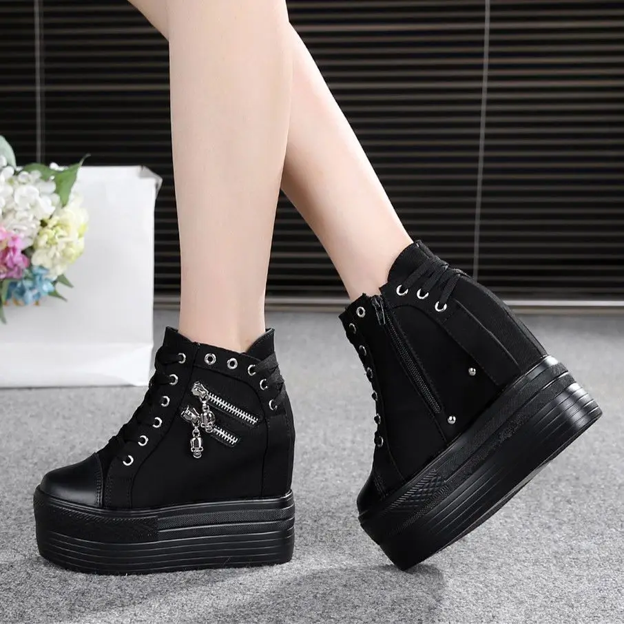 2022Fashion sneakers womens Leather height increasing boots women high heel black white bling zipper Platform wedge shoes