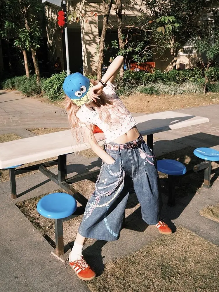 HOUZHOU Y2k Vintage Denim Shorts Women Blue Baggy American Retro Washed Jorts Streetwear High Waist Wide Leg Jeans Aesthetics
