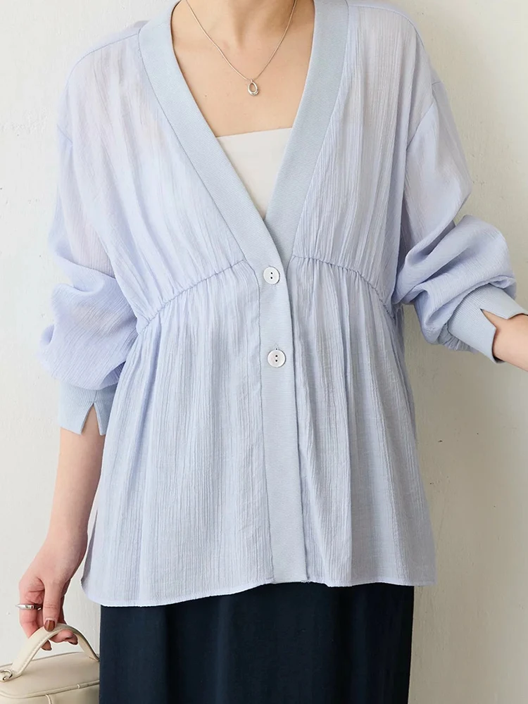 

Commute Ol Simple Two-Button Wide Ribbed Door V-Neck Lantern Long Sleeve Knitted Open Cardigan Air Conditioning Sun Protectio...