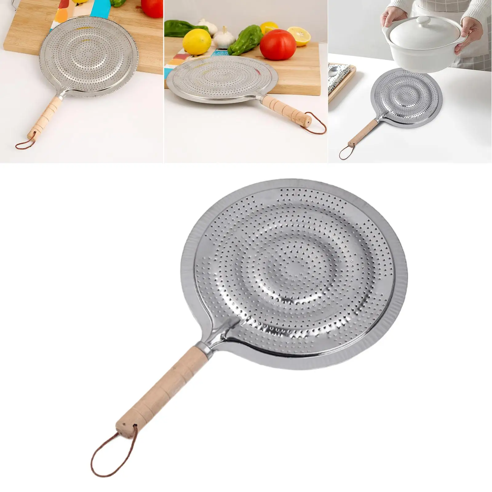 Silver Heat Diffuser Cooktop Simmer Ring Stainless Steel Wooden Handle for Electric Stove Induction Hob Kitchen Glass Guard