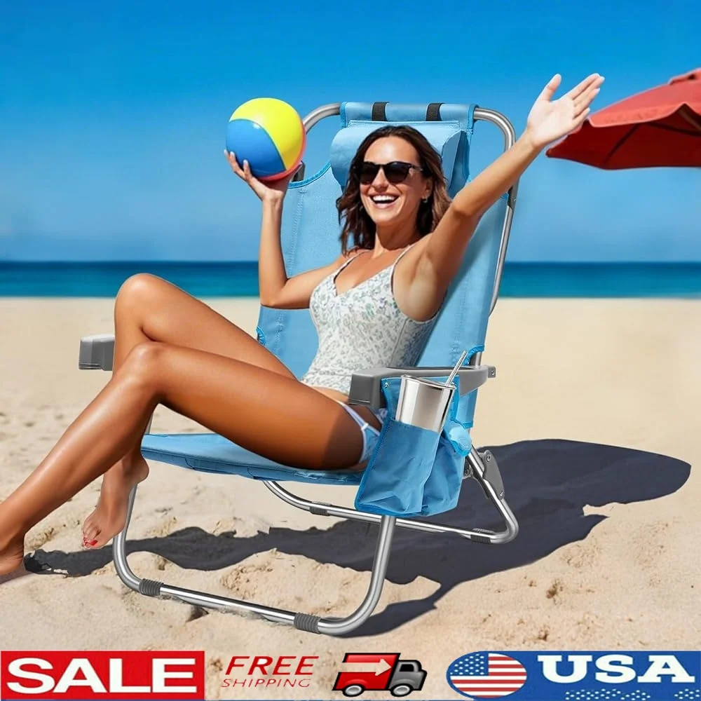 

5-Position Portable Beach Chair with Cooler Pouch Backpack Design Ergonomic Lay Flat Adjustable Headrest Side Pocket Lightweight