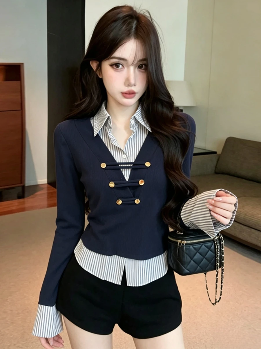 American Hot Girl Style Long Sleeve Collar Button Decorative Slimming High Waist Fake Two-Piece Color Block T-Shirt for Women