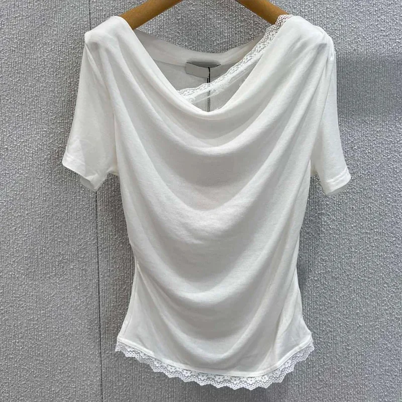 

Женская футболка высокого качества, новая эластичная облегающая футболка с короткими рукавами, кружевной лоскутный пуловер, асимметричный топ, корсет y2k 2571782