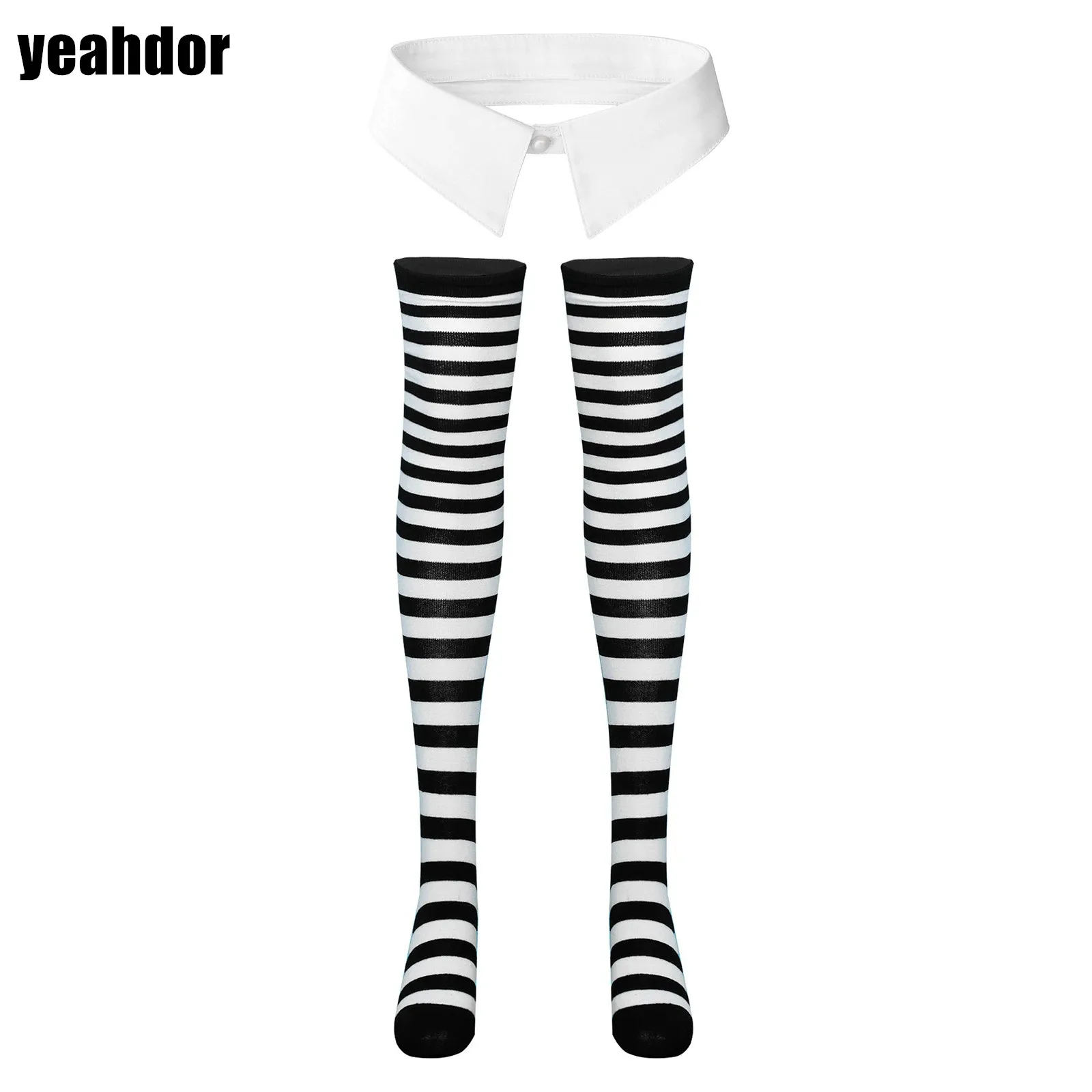 Womens Thigh High Striped Stockings Detachable Turn-Down Fake Collar Set Christmas Halloween Dress Up Costumes Accessories