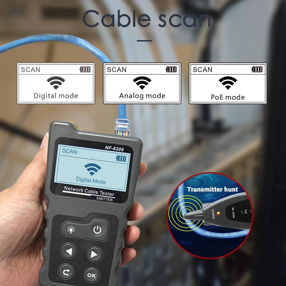 NOYAFA NF-8209 Tester kabli sieciowych Tester mapy przewodów Narzędzia sieciowe Lokalizator kabli Ethernet Sprawdzanie Poe Wyświetlacz LCD Pomiar długości — zdjęcie 4