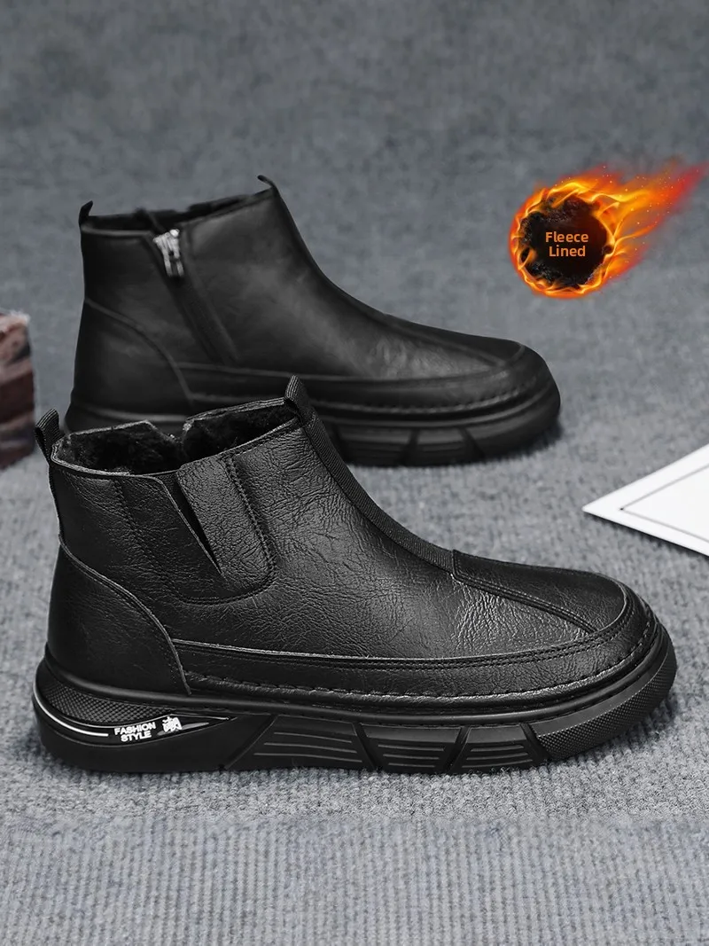 Men's Winter Snow Boots Waterproof Anti-slip Wear-resistant Work Boots Fur Leather Integrated Fleece Lined Warm Cotton Shoes