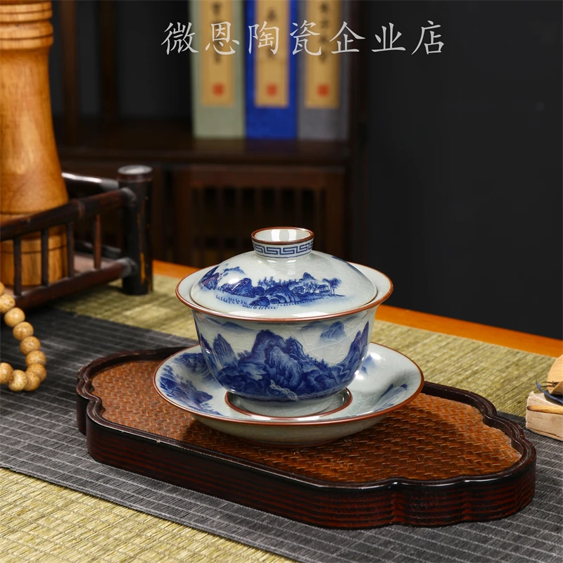 

Jingdezhen Hand-Painted Landscape Thousand-Li Ceramic Cover Bowl Set Handmade Three-Piece Tea Cup Single Anti-Scald