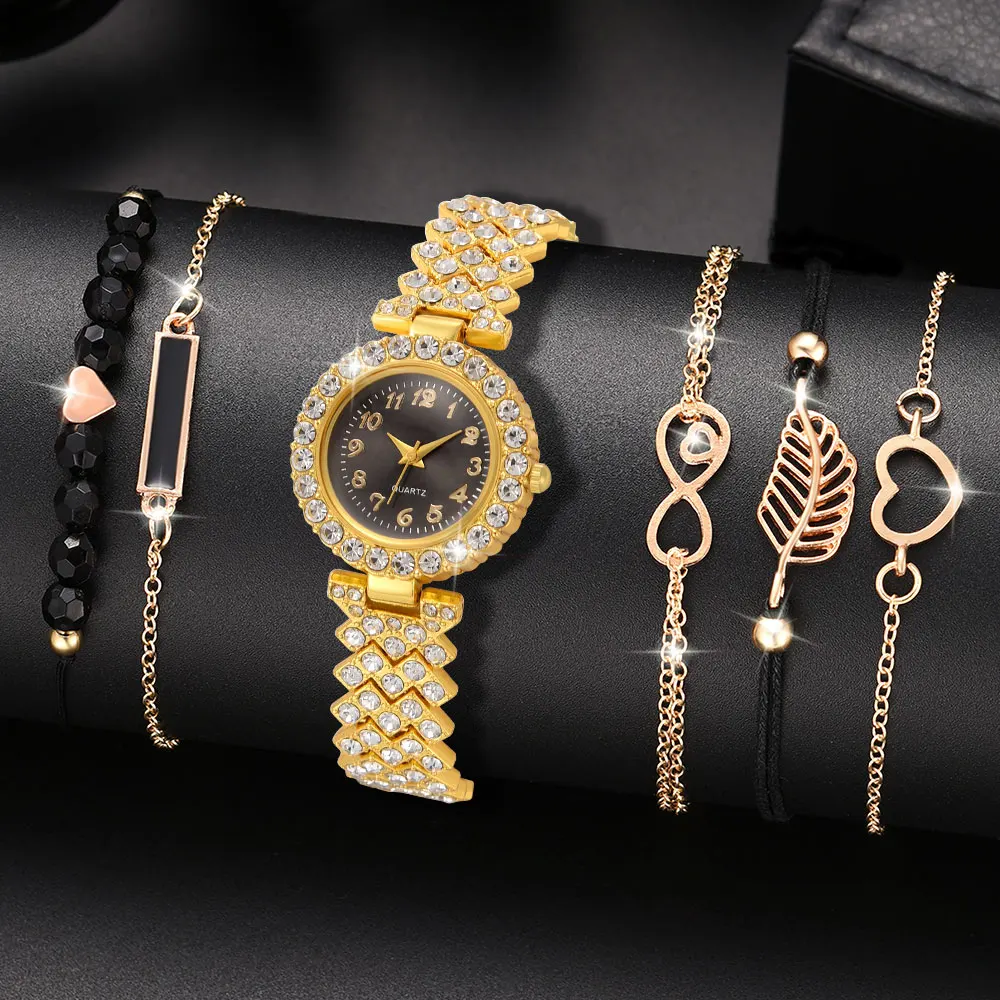 6PCS/set Women's Fashion Quartz Watch with Gold Bracelet Women's Leisure Fashion Round Simple Watch Dainty Wheat Jewelry Set