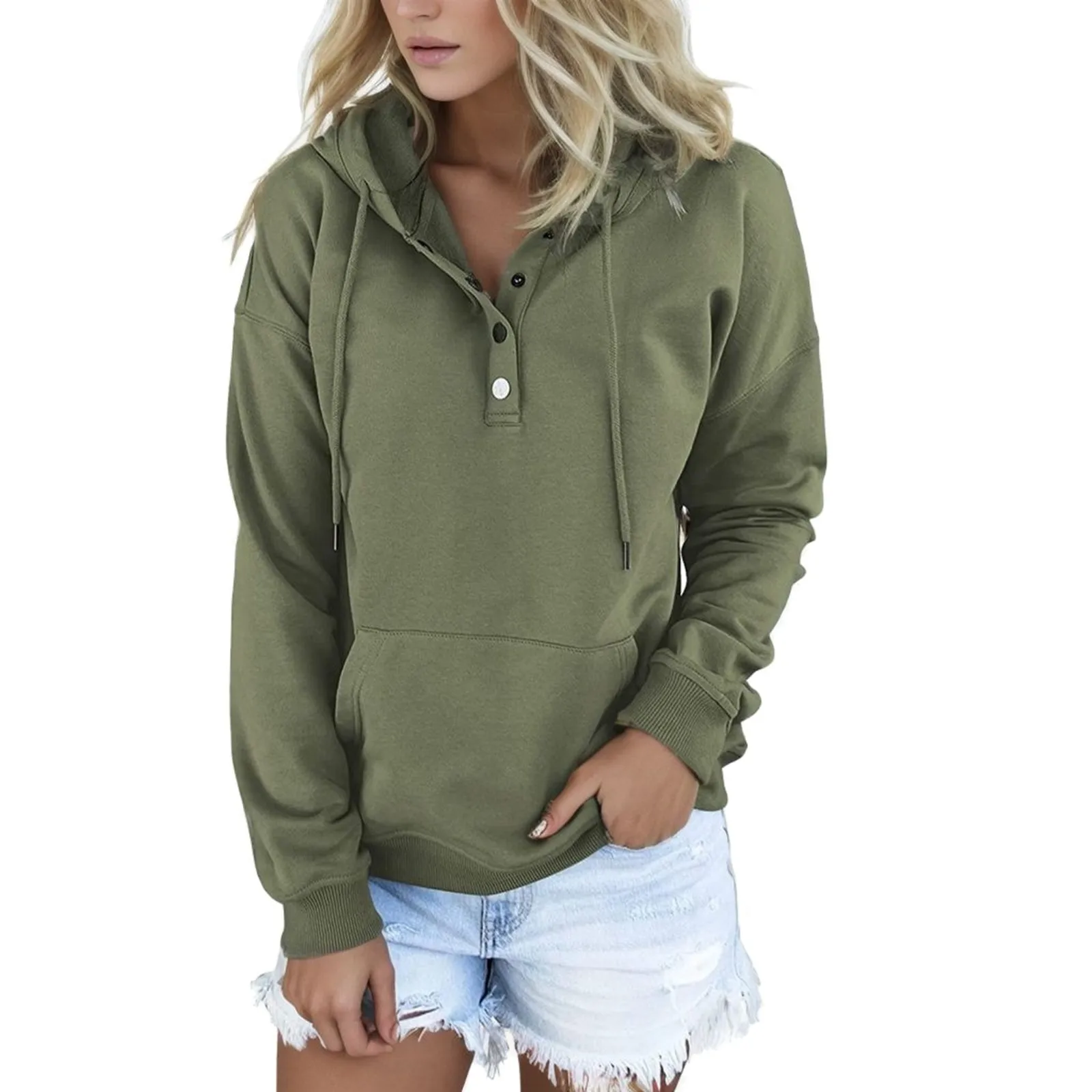 Hooded Long Drawstring Pocket For Womens Sleeve Down Hoodies Neck Sweatshirts Pullover Casual V Button Zipper Hoodies for Women